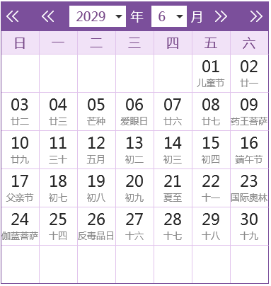 2029全年日历农历表